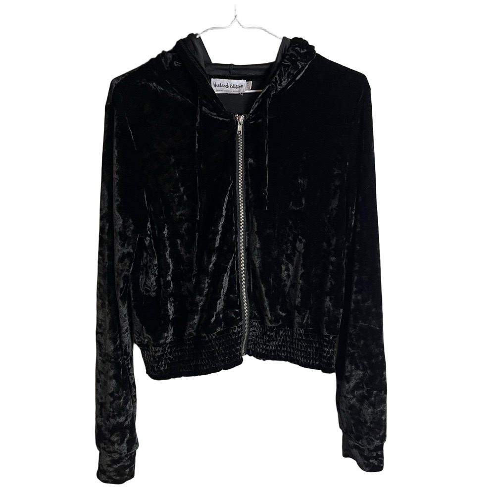 Black Velour Zip Crop Hoodie XL Y2K 90s Streetwear Velvet Grunge Baggy Witchy